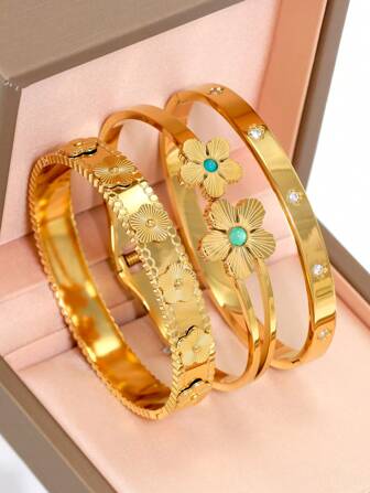 Brățară cu flori din oțel inoxidabil placat cu aur de 18K, design cu flori de modă și zirconiu, stil european și american ocazional, petrecere, vacanță, bijuterii cadou pentru femei, nuntă de Valentine