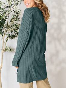 Women's Casual Knit Top Oversized Long Sleeve Basic Ribbed Slit Solid Knit Top Khaki Ribbed Knit Fabric Long Sleeve Pullover Loose Fit Crew Neck Tunic Length Solid Color Fall/Winter High-Low Hem Cozy Layering Piece Everyday Wear - 水鴨藍 - 查看 3