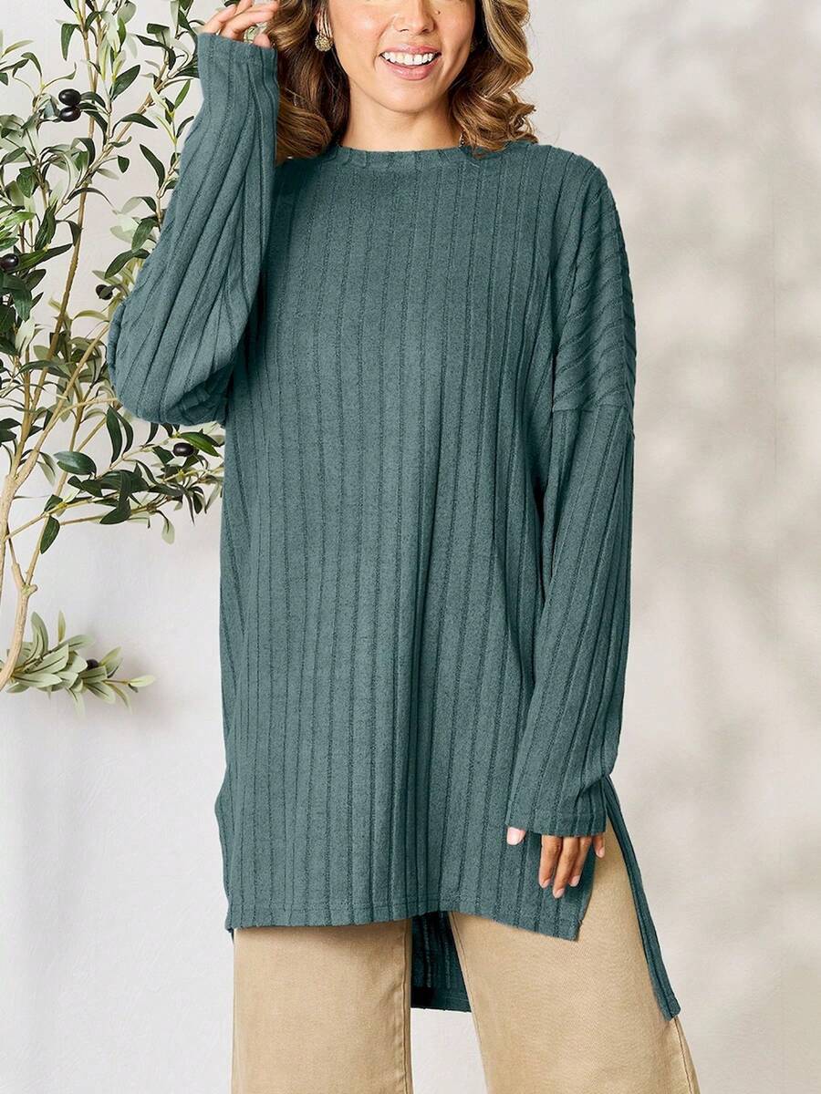 Women's Casual Knit Top Oversized Long Sleeve Basic Ribbed Slit Solid Knit Top Khaki Ribbed Knit Fabric Long Sleeve Pullover Loose Fit Crew Neck Tunic Length Solid Color Fall/Winter High-Low Hem Cozy Layering Piece Everyday Wear - 水鴨藍 - 查看 1