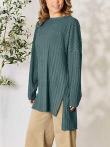 Women's Casual Knit Top Oversized Long Sleeve Basic Ribbed Slit Solid Knit Top Khaki Ribbed Knit Fabric Long Sleeve Pullover Loose Fit Crew Neck Tunic Length Solid Color Fall/Winter High-Low Hem Cozy Layering Piece Everyday Wear - 水鴨藍 - 查看 2