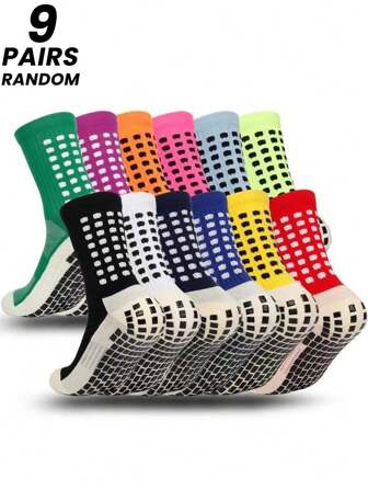 Set de 9 piezas (aleatorio) Calcetines de fútbol de felpa gruesa, calcetines largos hasta el tobillo de tubo antideslizante, calcetines deportivos unisex para pareja, para gimnasio