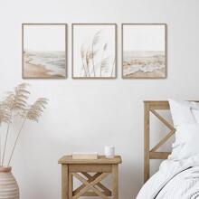 Conjunto de 3 impresiones de arte de pared estilo boho sin marco de temática costera neutra, incluye impresión de pasto pampa, minimalista, fotografía paisajística del océano, decoración estética para el hogar, arte de pared impermeable en lienzo, pintura mural para regalo, dormitorio, sala de estar, oficina, baño, hogar y decoración de dormitorio