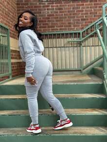 Autumn And Winter Padded Leisure Women's Two-Piece Zipper Thread Splicing Top Work Pants Fashion Sports Suit - Grey - View 3