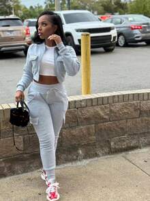 Autumn And Winter Padded Leisure Women's Two-Piece Zipper Thread Splicing Top Work Pants Fashion Sports Suit - Grey - View 4