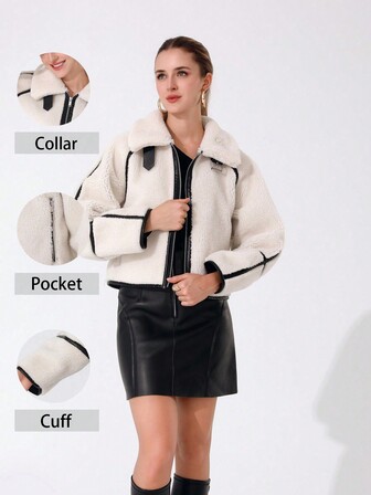 Giacca invernale da donna in pelliccia ecologica con contrasto di colore, morbida e calda