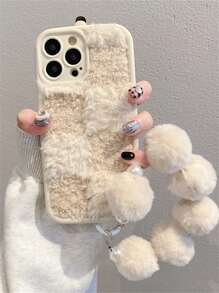 Winter Stylish Grid Splicing Plush Fabric Soft Phone Case Compatible With IPhone 16 11 12 13 14 15 Pro Max X XR XS Max Fur Wristband Shockproof Back Cover