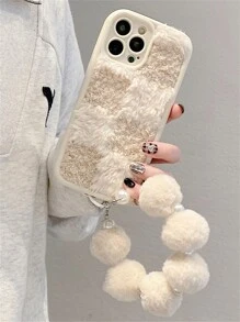 Winter Stylish Grid Splicing Plush Fabric Soft Phone Case Compatible With IPhone 16 11 12 13 14 15 Pro Max X XR XS Max Fur Wristband Shockproof Back Cover