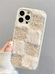 Winter Stylish Grid Splicing Plush Fabric Soft Phone Case Compatible With IPhone 16 11 12 13 14 15 Pro Max X XR XS Max Fur Wristband Shockproof Back Cover