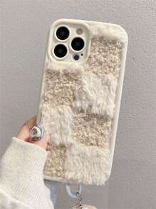 Winter Stylish Grid Splicing Plush Fabric Soft Phone Case Compatible With IPhone 16 11 12 13 14 15 Pro Max X XR XS Max Fur Wristband Shockproof Back Cover