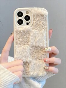Winter Stylish Grid Splicing Plush Fabric Soft Phone Case Compatible With IPhone 16 11 12 13 14 15 Pro Max X XR XS Max Fur Wristband Shockproof Back Cover