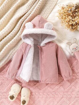 女婴休闲可爱灯芯绒复合羊毛 3D 耳朵装饰拉链全拉链加厚连帽长袖夹克，秋冬