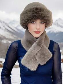 1 Set Of Winter Fluffy Hat & Scarf, Thick Warm Fashion Ear Protection, Elegant Casual, Polyester Material, Fluffy Splicing, Warm, Windproof, Sexy Lady, Autumn/Winter