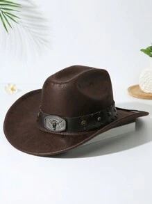 1pc Unisex Cattle Head & Belt Decor Boho Jazz Cowgirl Hat Cowboy Hat Ridge Soft Felt Hat Fedora Hat Panama Hat Western Suitable For Party - 咖啡棕 - 查看 3