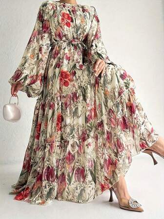 Kvinnors blommönster med lykta ärm Maxi Arabian Modest Dress