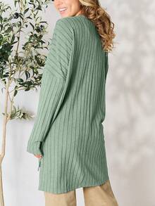 Women's Casual Knit Top Oversized Long Sleeve Basic Ribbed Slit Solid Knit Top Khaki Ribbed Knit Fabric Long Sleeve Pullover Loose Fit Crew Neck Tunic Length Solid Color Fall/Winter High-Low Hem Cozy Layering Piece Everyday Wear - Xanh nhạt - Xem 2