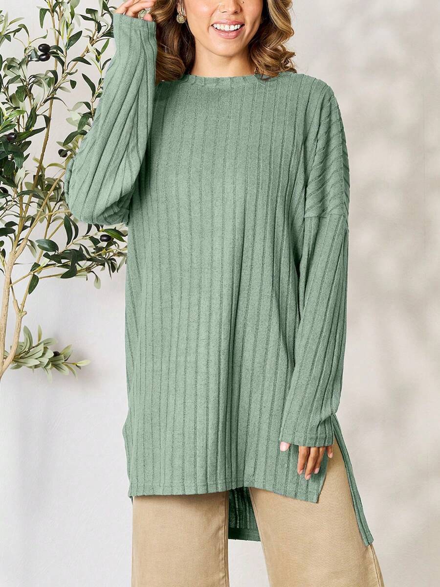 Women's Casual Knit Top Oversized Long Sleeve Basic Ribbed Slit Solid Knit Top Khaki Ribbed Knit Fabric Long Sleeve Pullover Loose Fit Crew Neck Tunic Length Solid Color Fall/Winter High-Low Hem Cozy Layering Piece Everyday Wear - Xanh nhạt - Xem 1