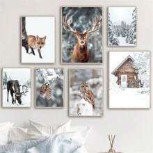 1 件冬季雪景森林房屋墙壁艺术画狐狸猫头鹰鹿动物帆布海报松树印刷品北欧墙壁画客厅装饰无框架 - 彩色 - 查看 1