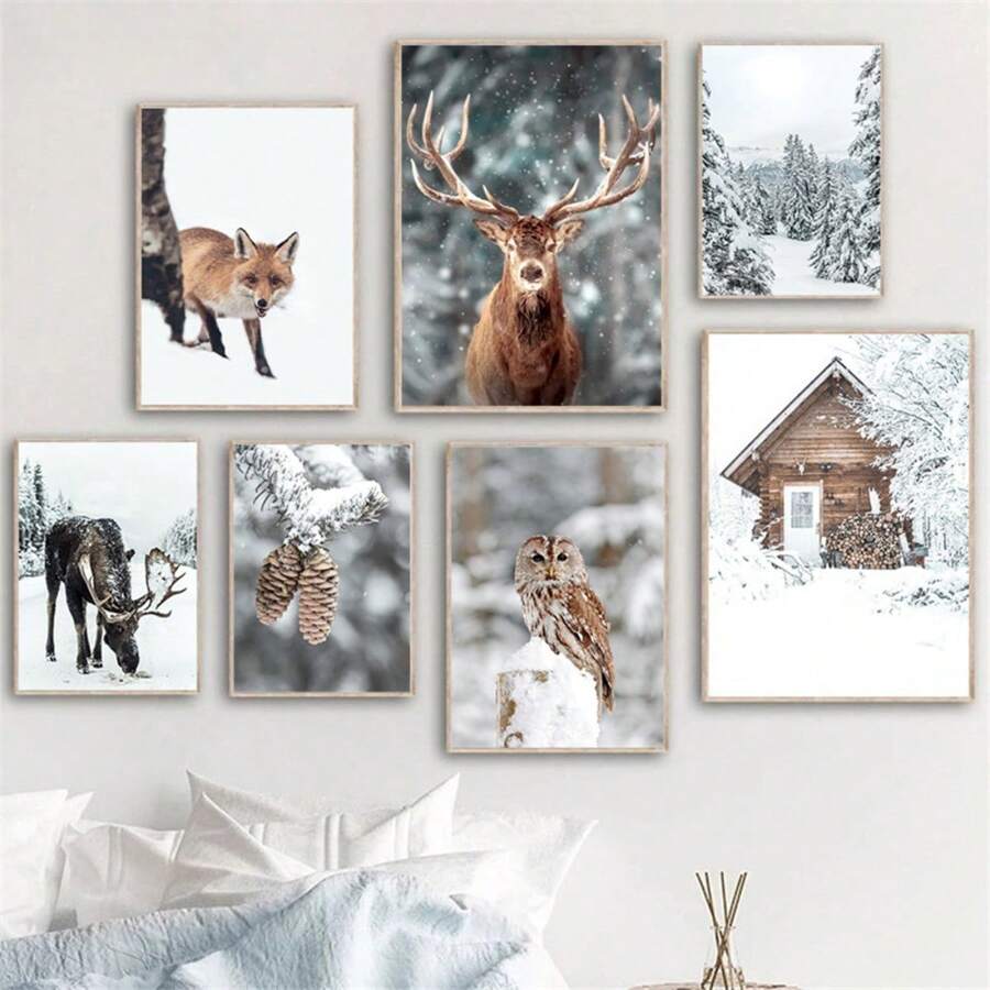 1 件冬季雪景森林房屋墙壁艺术画狐狸猫头鹰鹿动物帆布海报松树印刷品北欧墙壁画客厅装饰无框架 - 彩色 - 查看 1