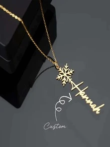 1 件雪花与垂直名字吊坠项链，波西米亚简约风格，18K 镀金不锈钢，女士个性化珠宝，圣诞节和母亲节的理想礼物，适合派对和节日庆祝 - 款式1 - 查看 1