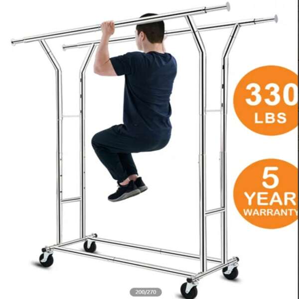 Double Heavy Duty Clothing Rack For Hanging Clothes, 400 LBS Load Capacity, Adjustable Rolling Commercial Garment Rack, Collapsible & Portable Clothes Rack With Wheels,Chrome Finish