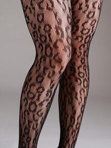 1pc Plus Size High Stretch Leopard Print Fishnet Leggings, Sexy Black Hollow Net Stockings For Halloween Costume, Fashionable - Black - View 6