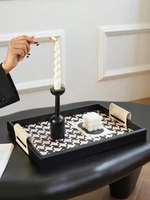 1 pieza Bandeja de madera con estampado de pata de gallo de lujo, nuevo plato con vela perfumada, organizador de bandeja de alta gama para el hogar, organizador de mesa de té de la sala de estar, bandeja de servir para la cena de Navidad, decoración navideña, organizador de tocador de baño, mejor regalo para el estreno de casa