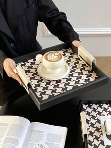 1 pieza Bandeja de madera con estampado de pata de gallo de lujo, nuevo plato con vela perfumada, organizador de bandeja de alta gama para el hogar, organizador de mesa de té de la sala de estar, bandeja de servir para la cena de Navidad, decoración navideña, organizador de tocador de baño, mejor regalo para el estreno de casa