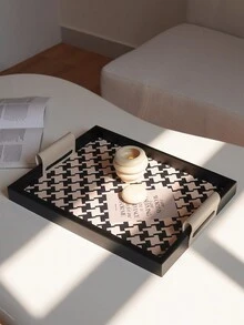 1 pieza Bandeja de madera con estampado de pata de gallo de lujo, nuevo plato con vela perfumada, organizador de bandeja de alta gama para el hogar, organizador de mesa de té de la sala de estar, bandeja de servir para la cena de Navidad, decoración navideña, organizador de tocador de baño, mejor regalo para el estreno de casa