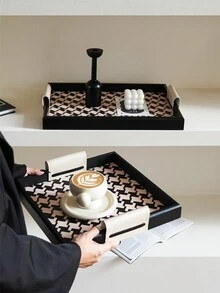 1 pieza Bandeja de madera con estampado de pata de gallo de lujo, nuevo plato con vela perfumada, organizador de bandeja de alta gama para el hogar, organizador de mesa de té de la sala de estar, bandeja de servir para la cena de Navidad, decoración navideña, organizador de tocador de baño, mejor regalo para el estreno de casa