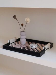 1 pieza Bandeja de madera con estampado de pata de gallo de lujo, nuevo plato con vela perfumada, organizador de bandeja de alta gama para el hogar, organizador de mesa de té de la sala de estar, bandeja de servir para la cena de Navidad, decoración navideña, organizador de tocador de baño, mejor regalo para el estreno de casa