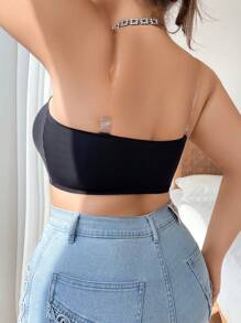 大码黑色前扣式文胸，带透明肩带，防滑，透视，透气，无钢圈胸罩，防止下垂