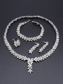 1 Set Frauen Party Mode Blatt Form Strass Halskette Ohrringe Armband Ring Hochzeit Kostümschmuck Set für Bräute