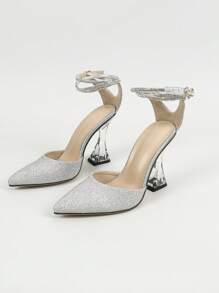 Women Rhinestone Transparent Thick Heel Mule Shoes, Casual Hollow Party Dress Pumps In Black And White, Elegant,Elegant,Pointed Heels - Silver - View 8