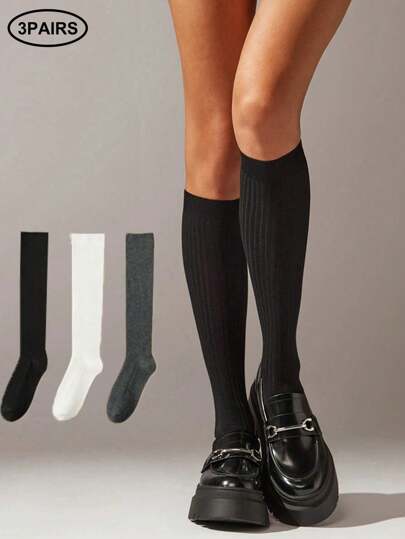 3 Pairs Solid Color Vertical Striped Slim Leg Mid-Calf Socks For Women, Suitable For Spring And Autumn