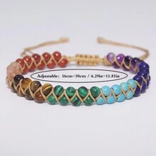 1pc Natural Stone Colorful Red Agate Green Aventurine Rose Quartz Volcanic Stone Double Layer Winding Adjustable Anklet - Color - View 5