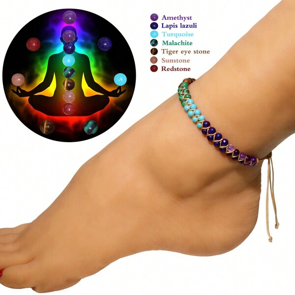 1pc Natural Stone Colorful Red Agate Green Aventurine Rose Quartz Volcanic Stone Double Layer Winding Adjustable Anklet
