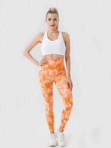 LEOQ Quần legging Tie Dye 7/8 cạp cao thể thao yoga quần bó vừa vặn kiểm soát bụng cho phụ nữ tập Pilates chạy bộ đi bộ đường dài - trái cam - Xem 5