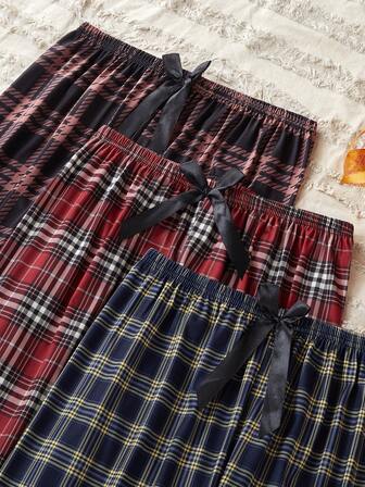 3pcs/Set Women Plaid & Random Print Pattern Pajama Pants, Fall Winter Clothes