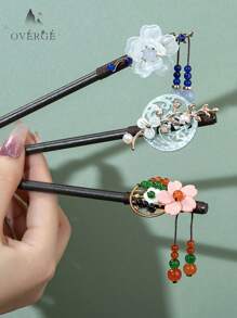 六件套新款中式3D木质发簪，包括粉色五瓣樱花、蓝色圆月、彩色花朵、牡丹花、金色3D小兔子、绿叶装饰和串珠流苏饰品。复古宫廷风发簪，适合搭配汉服、旗袍，打造优雅的日常及派对发髻，也可用作发髻器、发饰、发饰、情人节配饰、女士发饰，春季必备。 - 彩色 - 查看 13