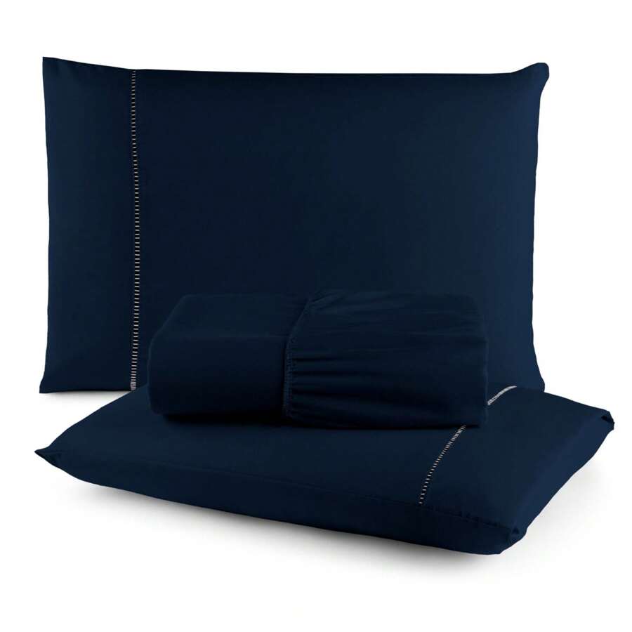 DOUBLE 3-Piece Sheet Set With Stick Stitch Finish 100% Polyester MicroPercal - 藏蓝色 - 查看 1