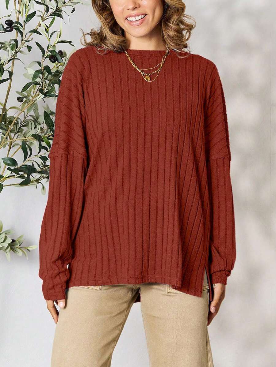 Women's Casual Sweater Oversized Pullover Daily Sweater Royal Blue Solid Color Soft Knit Fabric Long Sleeve Pullover Style Relaxed Fit Crew Neckline Hip-Length Ribbed Pattern Fall/Winter Comfortable And Cozy Ideal For Casual Outings Or Layering - RUST - 查看 1
