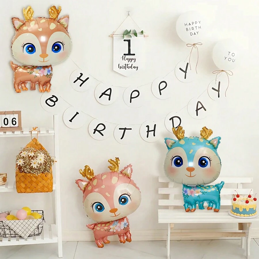 3 件装鹿形铝箔气球，卡通动物林地主题气球，野生动物主题生日派对装饰，圣诞节和节日派对装饰 - 彩色 - 查看 1