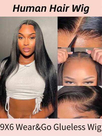 9X6 直发可戴无胶假发人发假发透明蕾丝预拔即戴蕾丝闭合假发无需胶水和凝胶自然黑色人发假发初学者友好