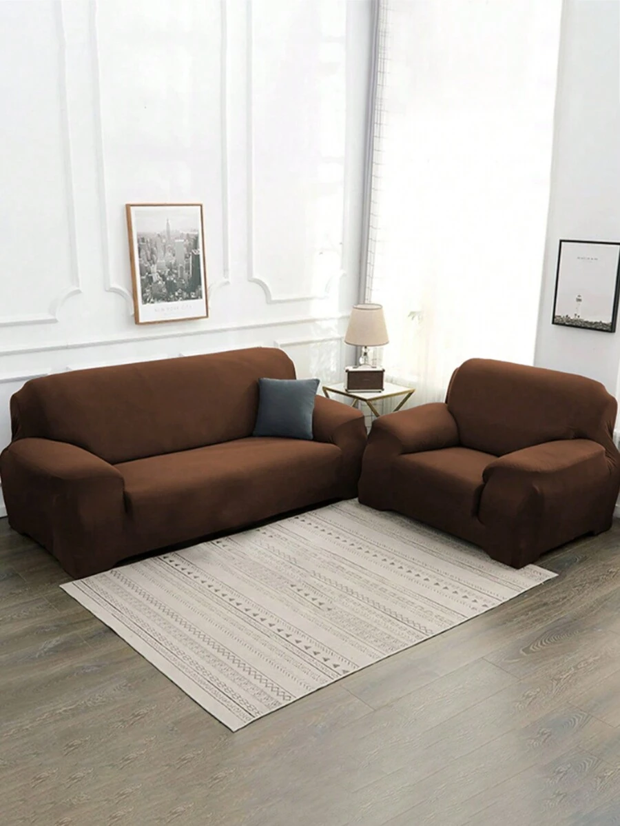 1 件纯色牛奶丝弹力沙发套 + 1 件配套枕套（无填充物） - 咖啡棕 - 查看 1