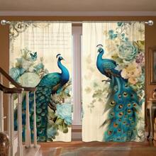 2pcs Peacock Style Printed Curtains Home Decoration Rod Pocket Window Treatment For Bedroom, Office, Kitchen, Living Room And Study, Suitable For Driving Rod Pocket Easy To Hang - 彩色 - 查看 2