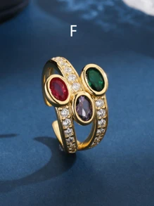 Eine Serie von luxuriösem, elegantem, retroem Stil Frauen Schmuckset mit mehreren Kristallen, mikro-eingelassenen Zirkonia, 18 Karat Vergoldung, bestehend aus offenem Ring und Ohrringen, passend für Jahrestag, Feiertage, Partys, Geburtstage von Älteren, Muttertag, hochwertige Schmuckzubehör für Arbeit und täglichen Gebrauch - Ring - Übersicht 13