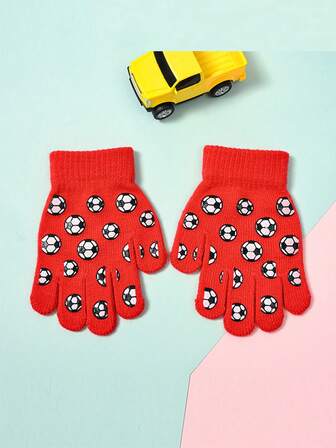 1 par stickade barnhandskar med tecknade motiv, varma för höst/vinter utomhussporter, söta fotbollsmönster, moderiktiga handvärmare, bästsäljare