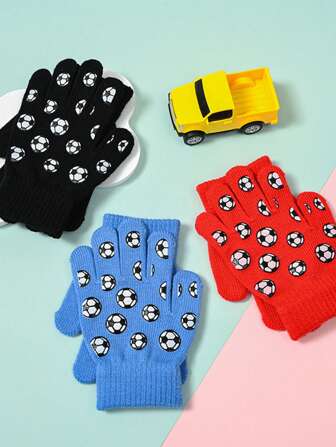 1双儿童卡通针织手套，秋冬户外运动保暖，可爱足球图案，时尚暖手宝，畅销款