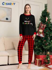 Set de 2 piezas de pijama casual de mujer con estampado de renos y letras en la parte superior de manga larga y pantalones a cuadros, ropa cómoda para otoño e invierno, Navidad - Multicolor - Ver 1