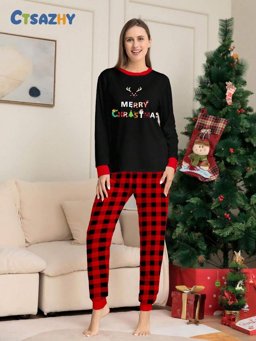 Set de 2 piezas de pijama casual de mujer con estampado de renos y letras en la parte superior de manga larga y pantalones a cuadros, ropa cómoda para otoño e invierno, Navidad - Multicolor - Ver 1